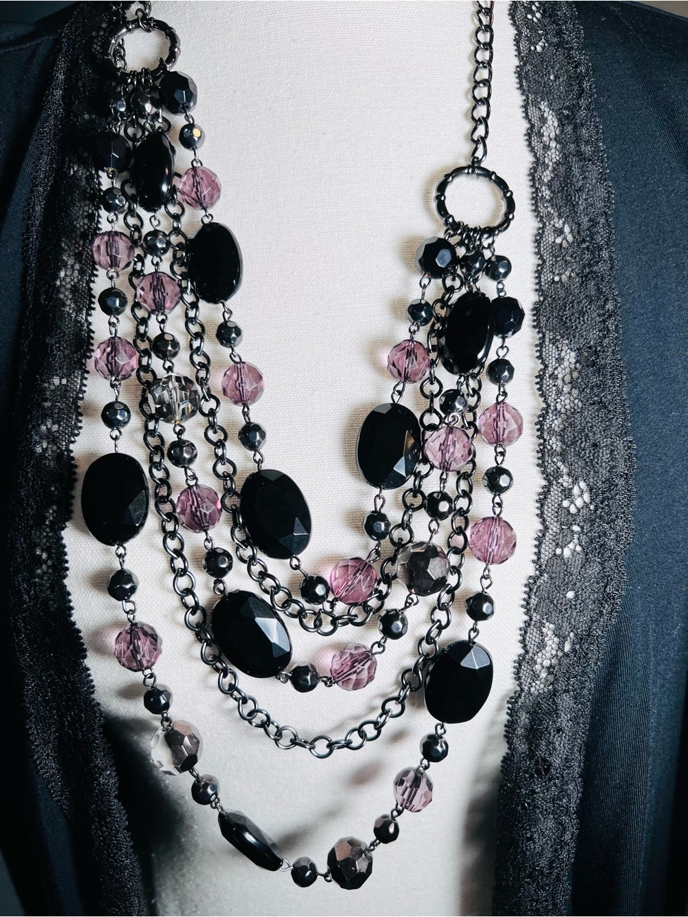 Multi-Strand Black and Light Purple Beaded Statement Necklace